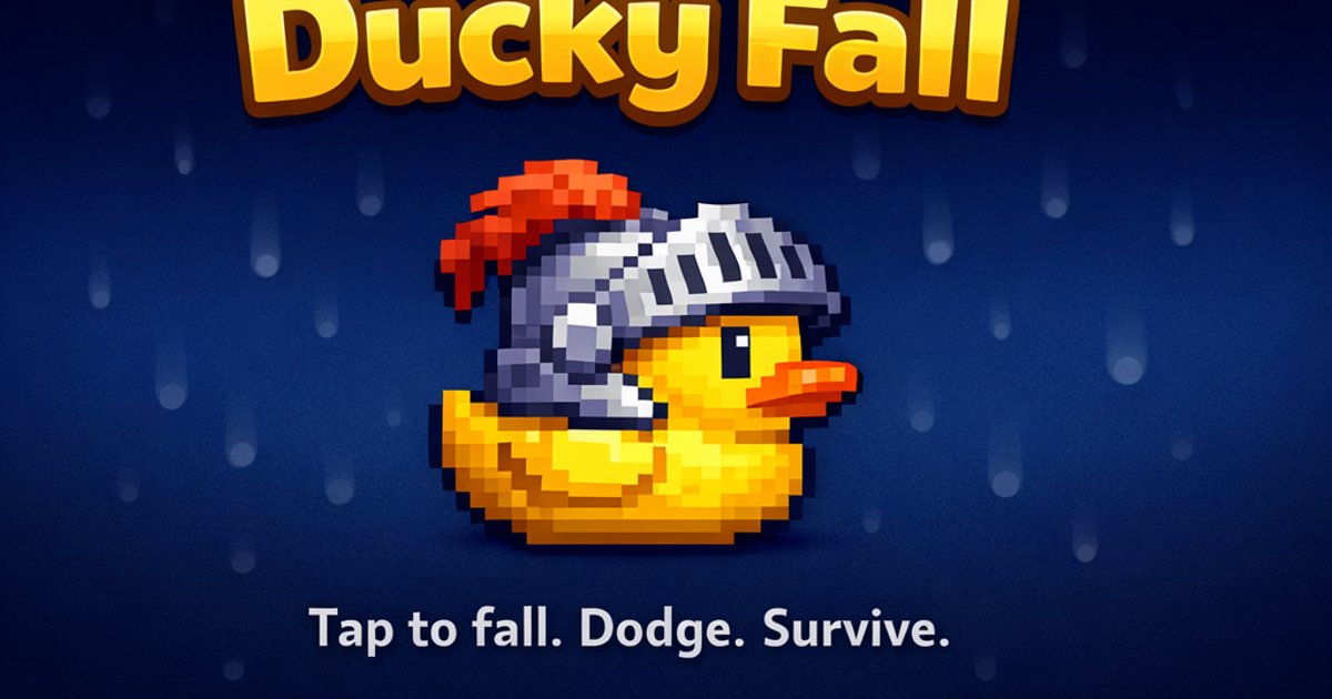 Ducky Fall pixel-art game artwork featuring a yellow duck in a knight helmet