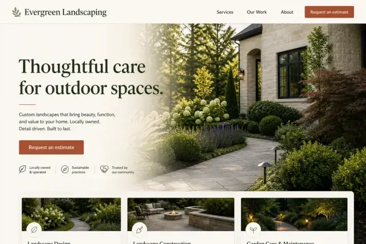 Fictional Evergreen Landscaping homepage with a garden project, service navigation, and estimate call to action