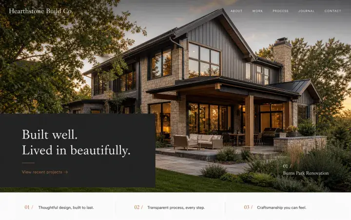 Fictional Hearthstone Build Company homepage featuring a full-width home project and overlapping portfolio call to action