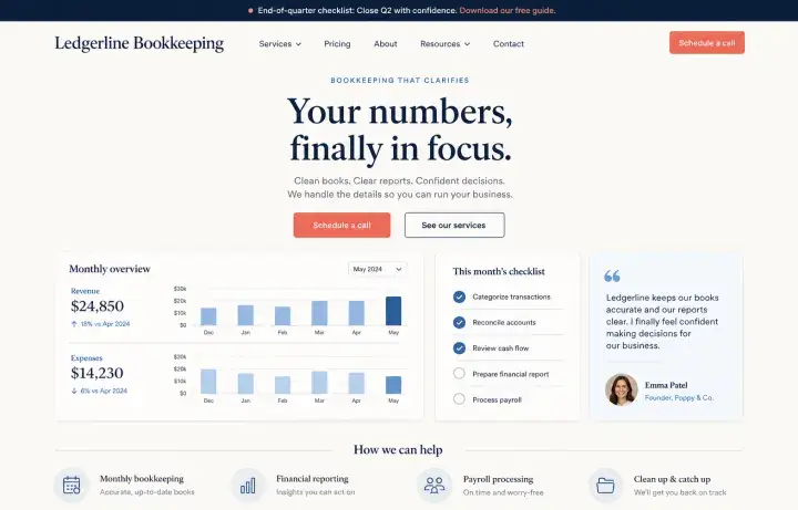 Fictional Ledgerline Bookkeeping homepage with an organized monthly overview, checklist, and consultation call to action